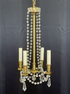 Antique Vintage Brass Crystal Beaded Petite Duty Chandelier French Colonial