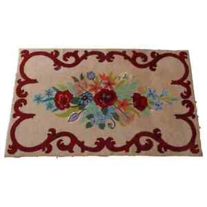 Antique French Floral And Scroll Hooked Rug Circa 1930