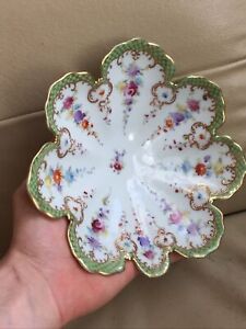 Antique Sevres Style Hand Painted Floral Gold Green Dish Reticulated Scalloped