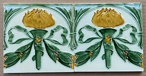 Belgium Antique Art Nouveau Majolica 2 Tiles Set C1900