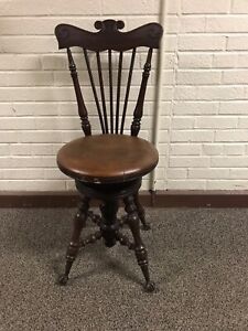 Antique Vtg Wood Piano Stool Chair Adjustable Metal Glass Feet 35 5 X 15 5 X 17 