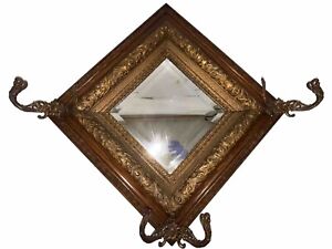 Antique Oak Wall Coat Rack Mirror