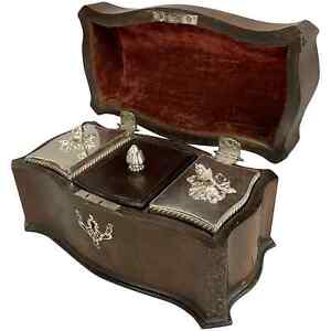 19th C English Chippendale Style Mahogany Tea Caddy With Silver Plate Tea Boxes