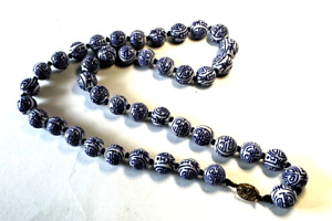 Hand Painted Old Chinese Porcelain Blue White Shou Beads Necklace Vermeil Clasp