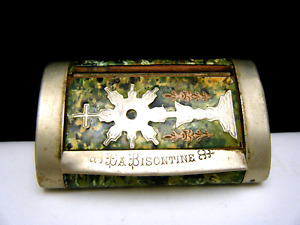 La Bisontine Antique Snuff Box Celluloid Wrapped Wood Silver Cross Overlay