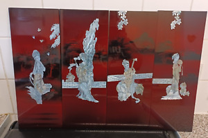 Four Vintage Japanese Shibayama Mother Of Pearl Red Lacquered Wall Panels