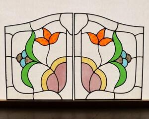  Pair Of Vintage French Stained Glass Panels With Leaded Glass Beveled Glass