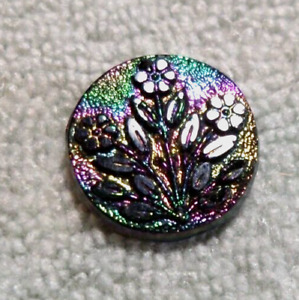 Vintage Black Glass Pictorial Button Flower Iridescent 3 4 Inch