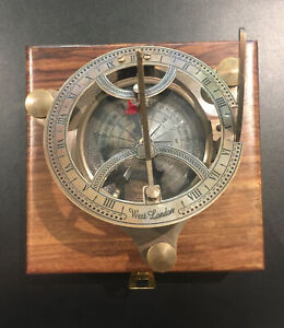 Solid Brass Large Sundial Compass With Wooden Box