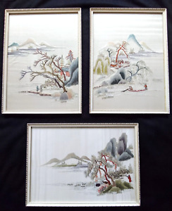Vintage Asian Chinese Silk Embroidered Framed Pictures Lot Of 3