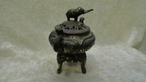Vintage Incense Burner Cast Metal Silver Elephant Tiger Nice Free Shipping