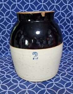 2 Gallon Stoneware Pottery Crock Glazed Primitive Brown Tan