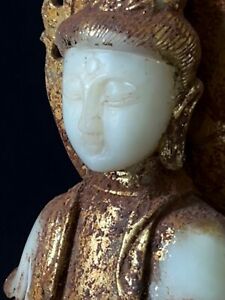 Marvellous Old Chinese Carved White Jade Gold Gilded Buddha Statue