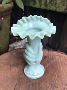 Antique French Opaline Glass Hand Vase Green Milk Glass Cornucopia Victorian
