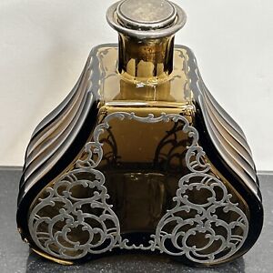 Rare Antique 1800 S Sterling Silver Etched Crystal Wine Decanter Liquor Bottle