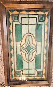 Vintage Stained Glass Yellow Green Hanging Window Panel Wood Framed 26 25x15 75 