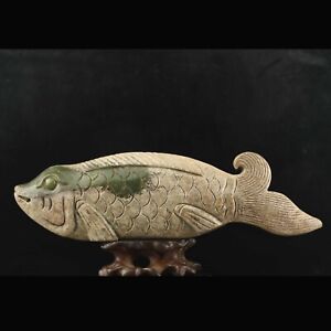 China Old Natural Hetian Jade Hand Carved Statue Fish Pendant 2 9 Inch Q