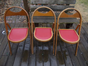 3 Vtg Antique Bentwood Folding Chairs Red Vinyl Padded Seats Farmhouse Funeral