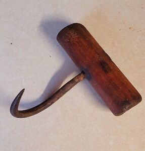 Cool Antique Meat Hook Hay Bale Sharp Cast Iron W Wood Handle Vintage Approx 5 