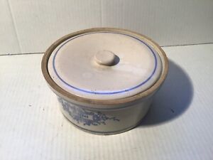 9 Large 3 4 Gallon 6 Double Blue Band Floral White Stoneware Butter Crock Lid
