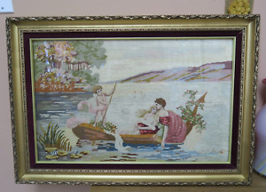 Antique Hand Stitched Berlin Woolwork Petitepoint Tapestry Courting Scene Framed