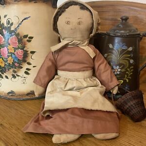 Extreme Primitive Folk Art Handmade Prairie Doll Painted Face Holding A Basket