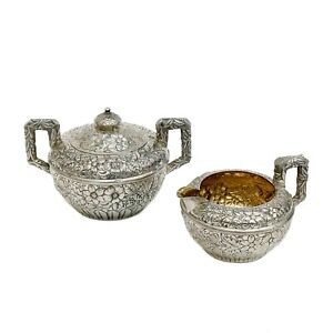 2pc Gorham Sterling Silver Repousse Creamer And Sugar 1886