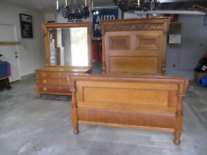 Antique Victorian Full Double Heavy Carved Quarter Sawn Oak Ornate Bedroom Set