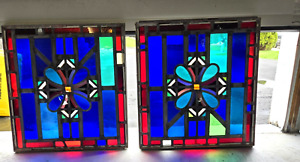 Vintage Stained Glass Window Panel In A Metal Frame Pair 26in X 28in Salvaged