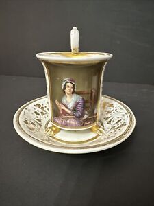 19th Century Meissen Porcelain Portrait Gilded Cup And Saucer