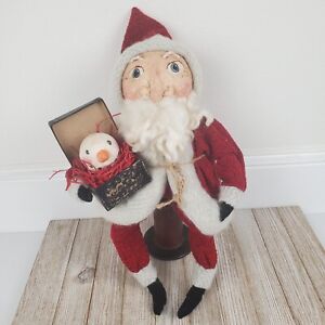 Primitive Handmade Santa Doll Christmas Display Wool Paper Mache Snowman Spool