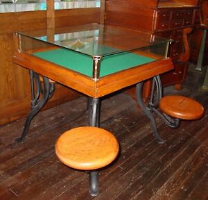 Very Unusual Antique Jewelry Display Case Table With Swing Out Stools 15942