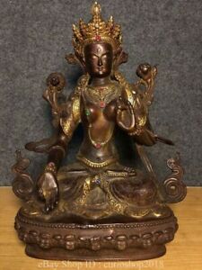 12 4 Old Tibet Buddhism Bronze Inlay Gem Green Tara Buddha Lotus Statue