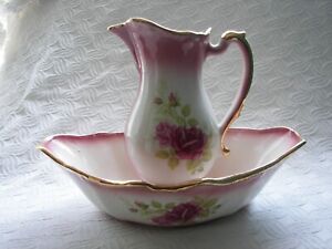 Staffordshire England Pitcher Wash Bowl Pink Floral Roses Gold Trim