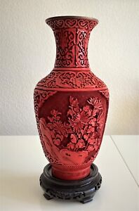 Vintage Chinese Carved Red Cinnabar Lacquer 12 Foral Land Scape Vase