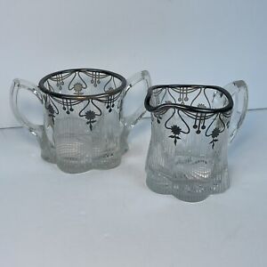 Vintage Glass With Sterling Silver Overlay Sugar And Creamer Set