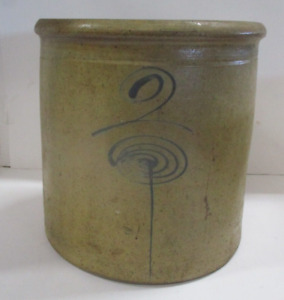 Old Antique 2 Gallon Blue Bee Sting Pattern Stoneware Pottery Crock Primitive