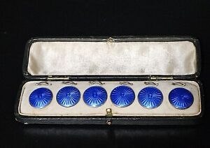 Antique Sterling Silver Enameled Blue Guilloche Set Of 6 Buttons In Box Uk 1910