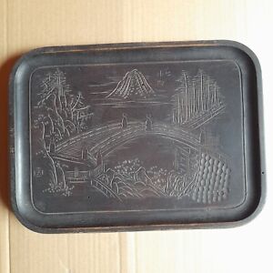 Signed Vintage Japanese Wooden Carved Tray Carving Japan Sencha 