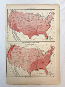 Vintage Red Printed Map Of Usa United States Mean Annual Temp And Rainfall