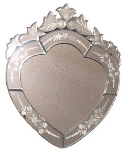 Venetian Mirror Heart Shape Beveled Crested Etched Floral 17 5x 14 Vanity Top