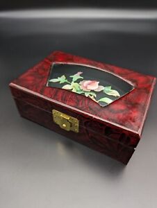 Vintage Jewelry Box Lacquer Redwood Floral Made In China 7 25 X 4 75 X 2 5 