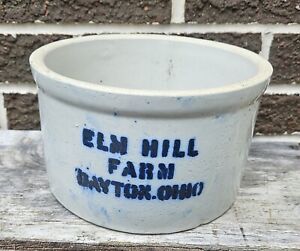 Vintage Primitive Elm Hill Farm Stenciled Stoneware Advertising Crock Dayton Oh