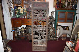 Large Antique Chinese Single Panel Wood Carved Divider Lattice Screen Detailed