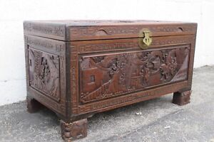 Early 1900s Heavy Hand Carved Asian Chest Blanket Trunk Bench Coffee Table 5314