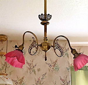 Antique 2 Arm Brass Hanging Lamp Light Chandelier W Rose Art Glass Shades