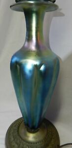 Antique Frederick Carder Steuben Blue Aurene Iridescent Art Glass Table Lamp 25 