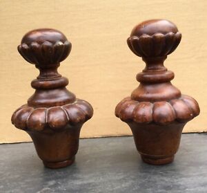 Vintage Large Carved Wooden Newel Post Finials Pair 11 Inch