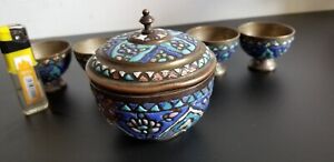 Antique Islamic Damascus Tea Set Copper Enamel Hand Made