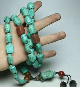 65cm Chinese Natural Turquoise Carve Skayamuni Maitreya Buddha Amulet Necklace